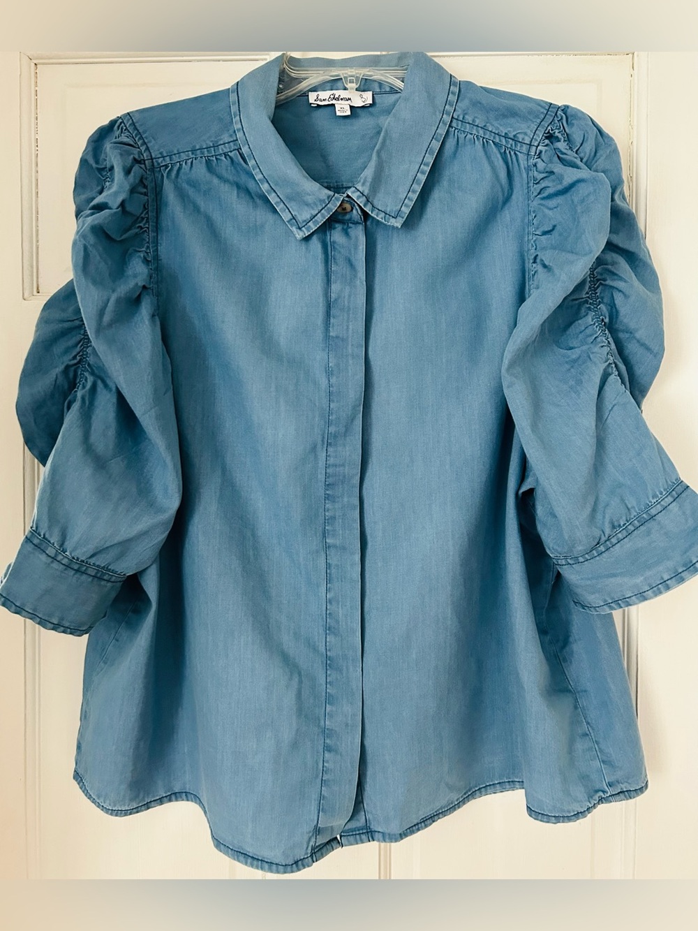Sam Edelman Button Front Blouse XL Puff Gathered Button Sleeve Chambray Blue